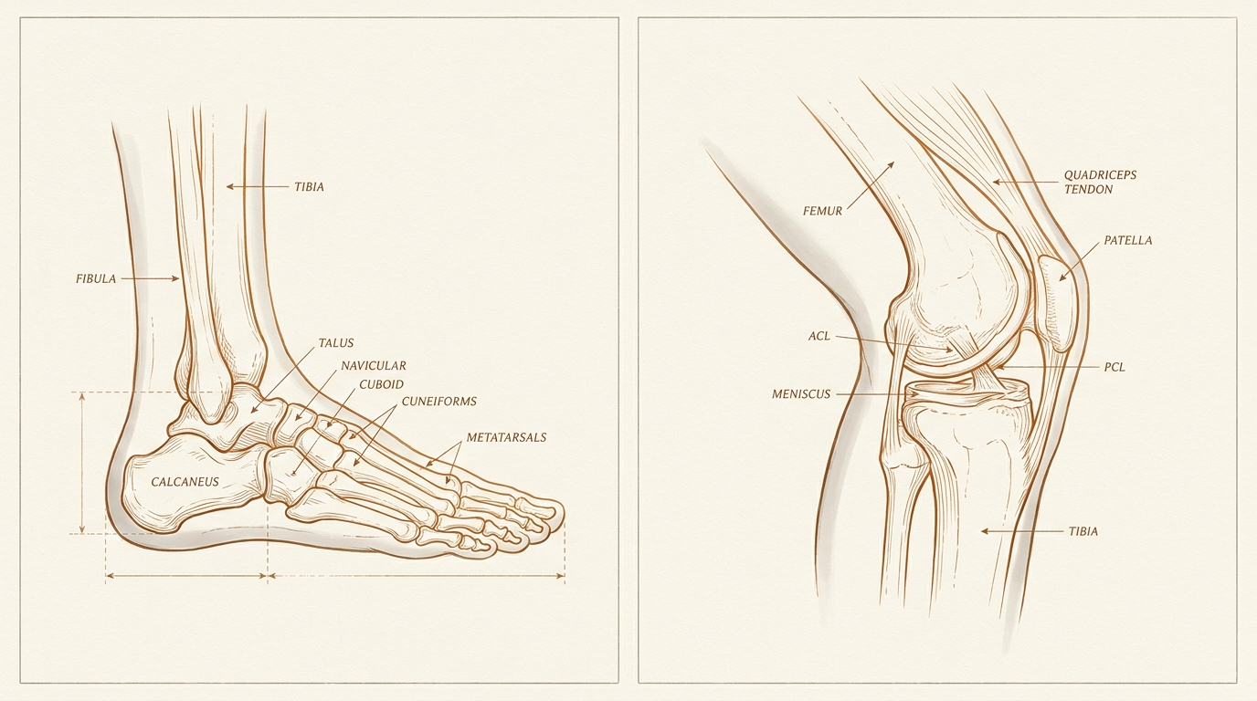Anatomical diagrams: lateral view of the foot and ankle skeleton, and sagittal cutaway of the knee joint